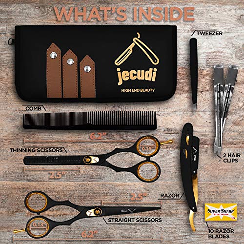 Hair Cutting Scissors - Jecudi Professional Barber Hair Scissors Set - 6.5" Japanese Stainless Steel - Includes Cutting, Thinning Shears, Tweezer, Razor, 10 Blades, Comb, Clips, In Gift Case - HAB 