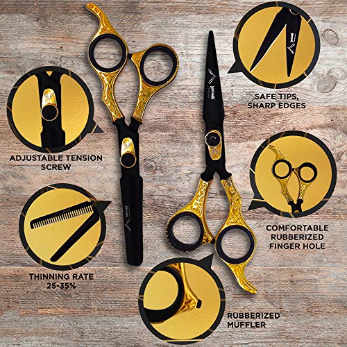 Hair Cutting Scissors - Jecudi Professional Barber Hair Scissors Set - 6.5" Japanese Stainless Steel - Includes Cutting, Thinning Shears, Tweezer, Razor, 10 Blades, Comb, Clips, In Gift Case - HAB 
