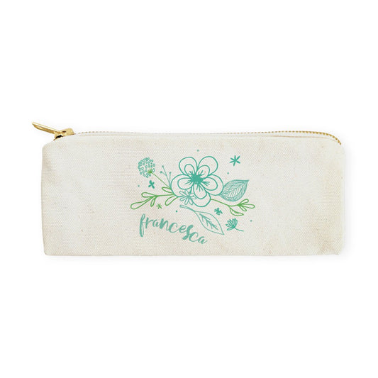 Personalized Name Aqua Floral Cotton Canvas Pencil Case and Travel - HAB 