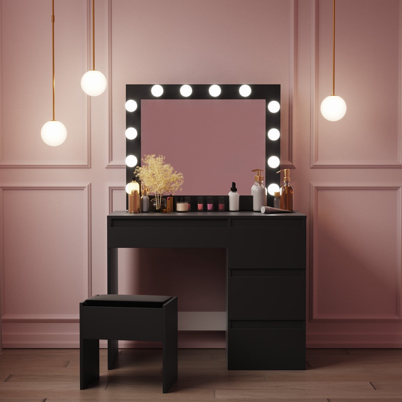 Espresso Hollywood Style Vanity Make-up Table With Stool And LED - HAB 