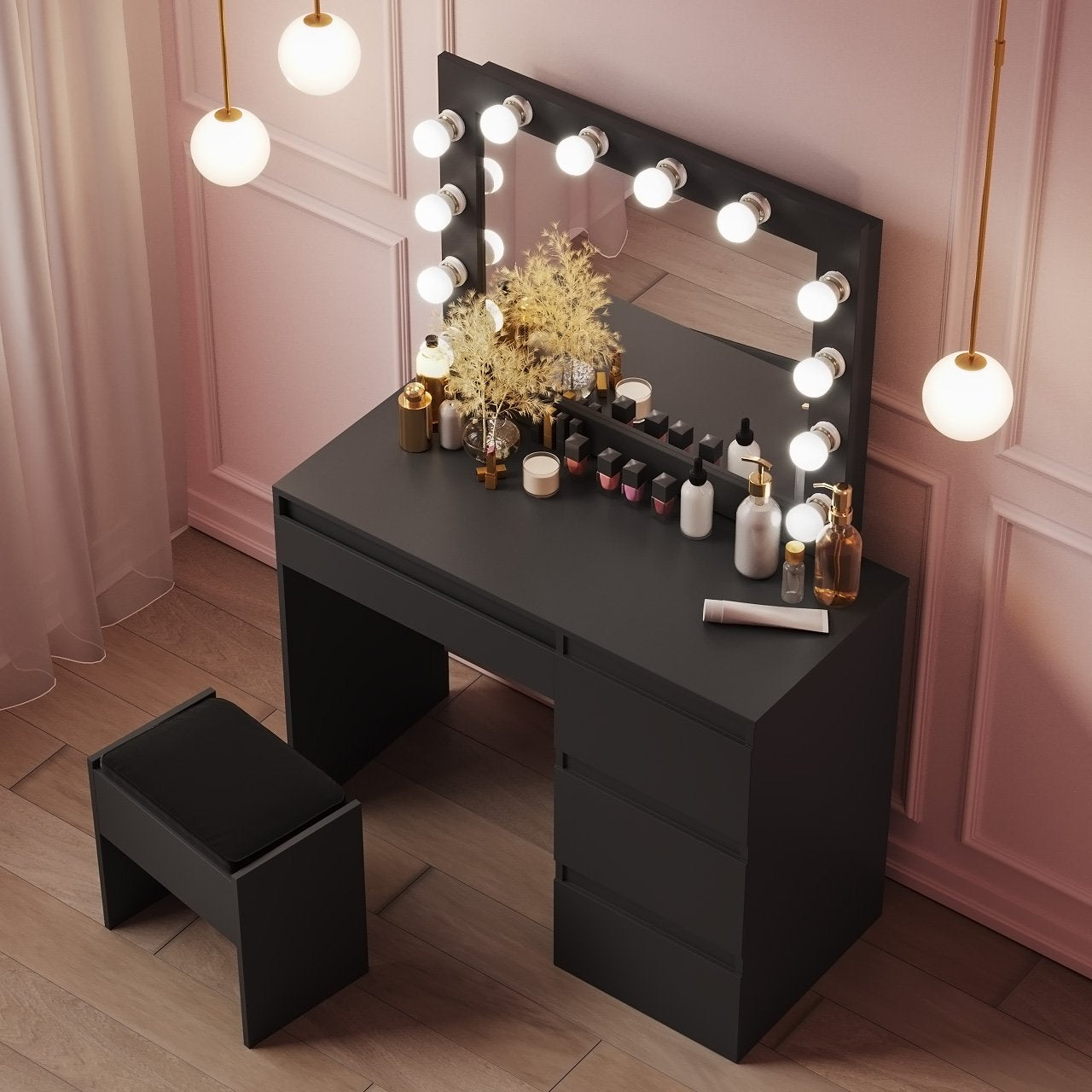 Espresso Hollywood Style Vanity Make-up Table With Stool And LED - HAB 