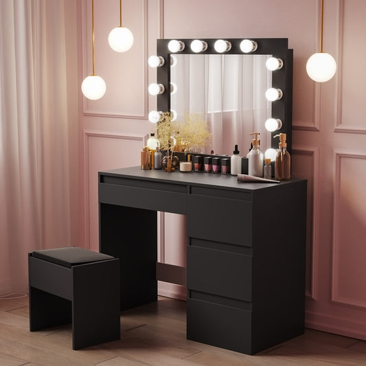 Espresso Hollywood Style Vanity Make-up Table With Stool And LED - HAB 