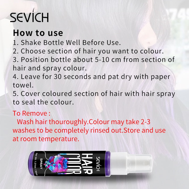 Sevich 8 Colors 30ml Hair Dye Spray Disposable Hair Quick Spray Waterproof Hair Dye Blue/Red Fashion Instant Hair Color Products - HAB - Hair And Beauty