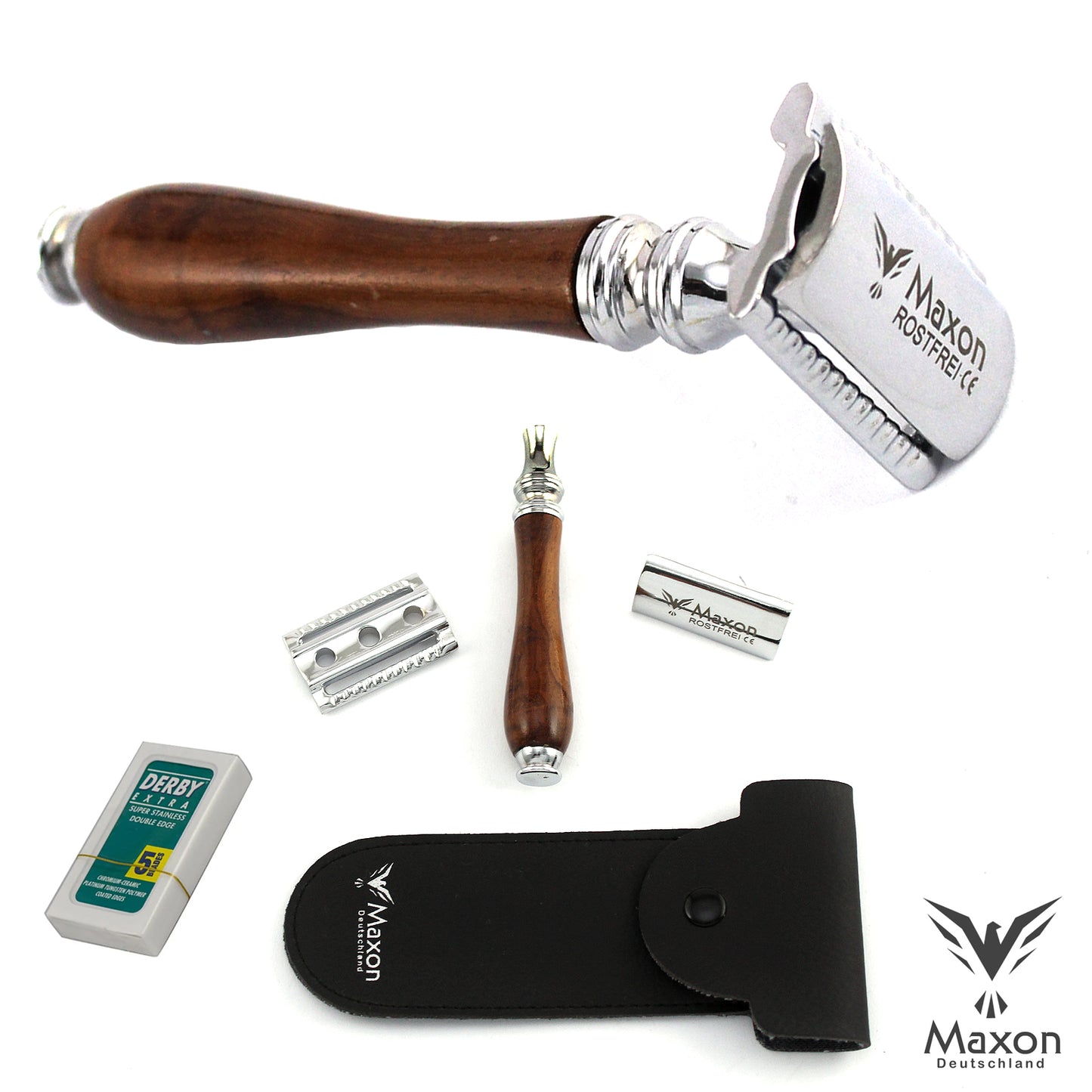 MAXON SWH wood Safety Razor with Blades and Leather case - HAB 