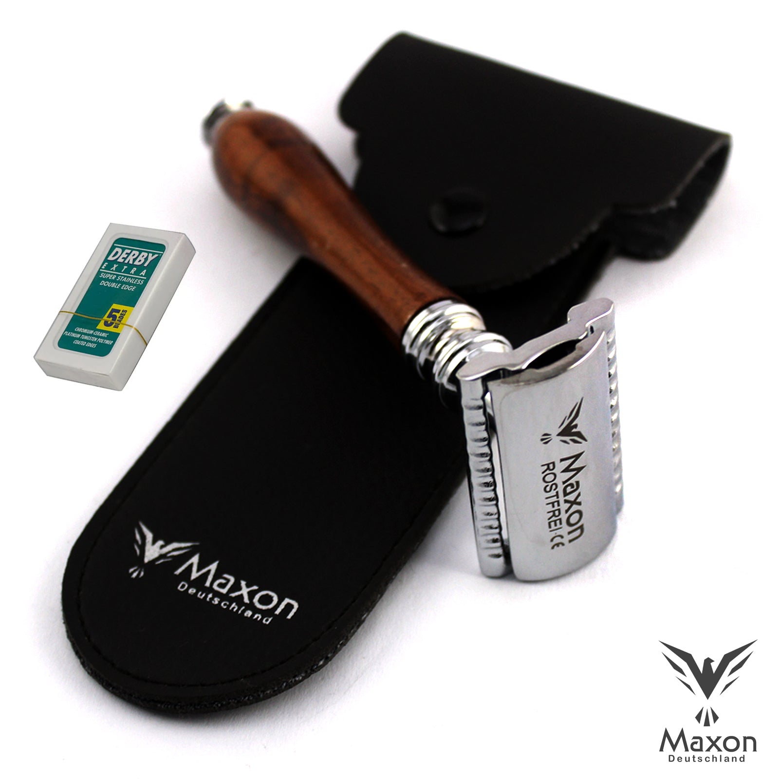MAXON SWH wood Safety Razor with Blades and Leather case - HAB 