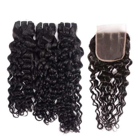 Super Double Drawn Water Wave Hair Bundles With Closure Pre Plucked - HAB 