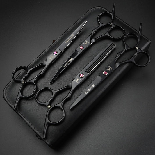 6 inch Professional barber grooming kit cutting thinning scissors and curved pieces 4 pieces Black right-handed  Scissors Set - HAB 