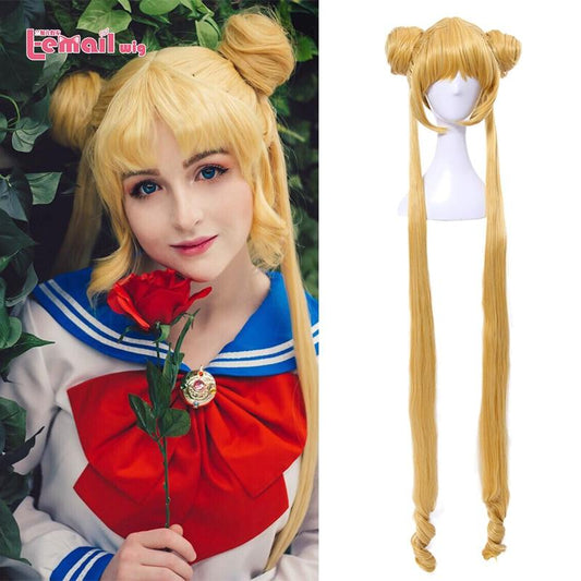 Sailor Moon Cosplay Wigs Super Long Blonde Wigs with Buns Heat - HAB 