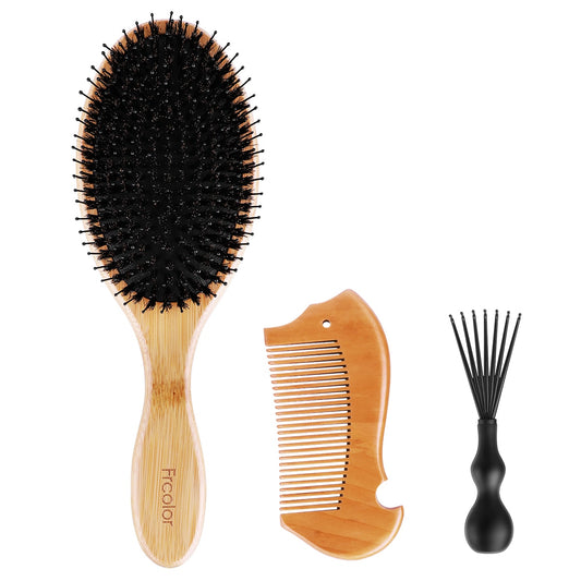 3 pcs/set Boar Bristle Hairbrush Massage Comb Anti-static Hair Scalp Paddle Brush Beech Wooden Handle Hair Brush Styling Tool A4 - HAB 