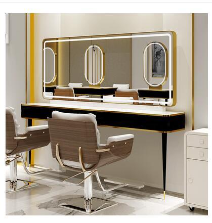 Barber shop mirror table hairdressing mirror hair salon special hair cutting mirror with lamp marble mirror table - HAB 