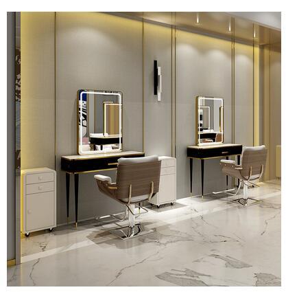 Barber shop mirror table hairdressing mirror hair salon special hair cutting mirror with lamp marble mirror table - HAB 