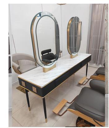 Barber shop mirror table hairdressing mirror hair salon special hair cutting mirror with lamp marble mirror table - HAB 