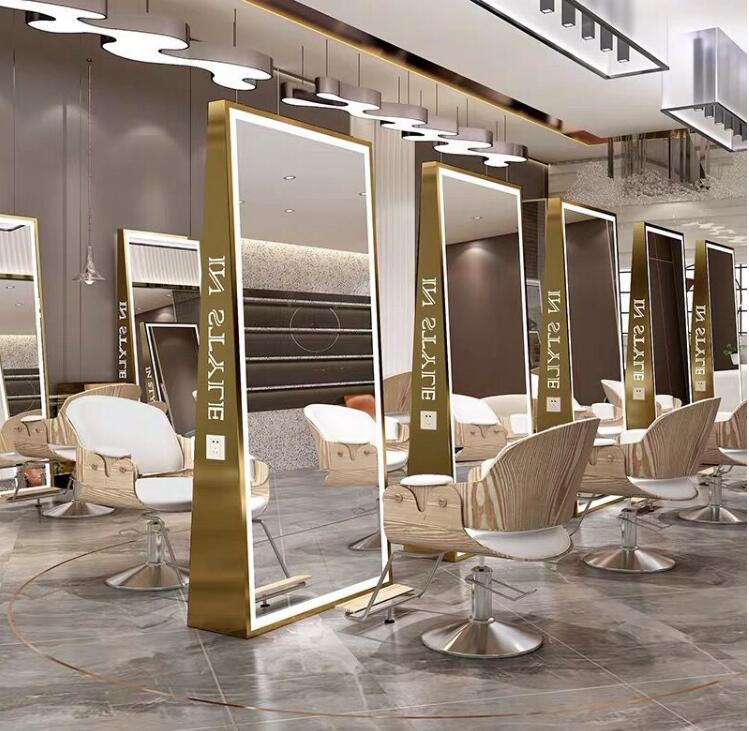 Online celebrity barber shop special mirror dyeing floor mirror hair salon stainless steel hairdressing shop mirror double-sided - HAB 