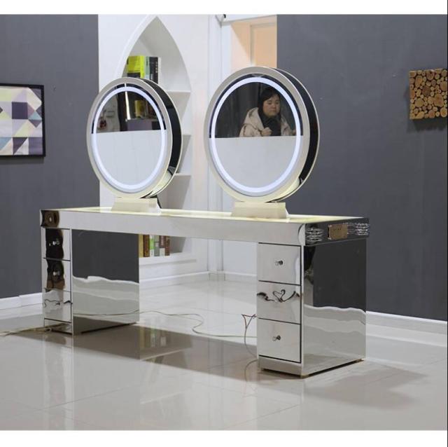 Salon hairdressing shop mirror table stainless steel marble table with touch screen LED light hair dressing mirror - HAB 