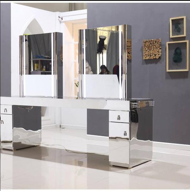 Salon hairdressing shop mirror table stainless steel marble table with touch screen LED light hair dressing mirror - HAB 