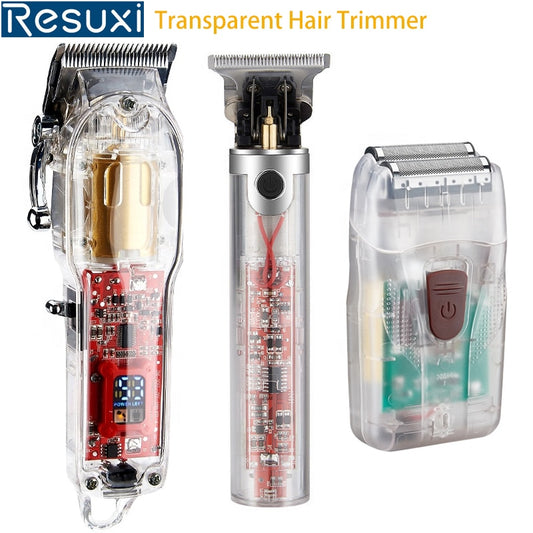 Resuxi Rechargeable Electric Hair Clipper Men Hair Cutting Machine Transparent Cover Beard Hair Trimmer Cordless Hair Clipper T9 - HAB 