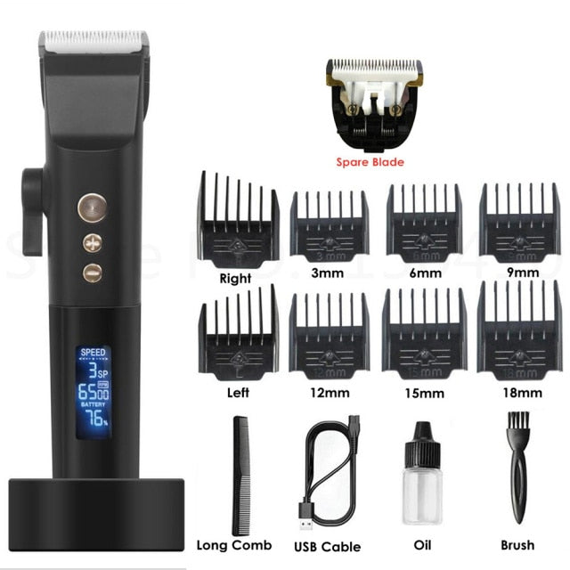 Professional Electric Hair Clipper Ceramic Barber Haircut Machine USB Rechargeable Hair Trimmer Beard Shaver Men+8pcs Comb+Stand - HAB 