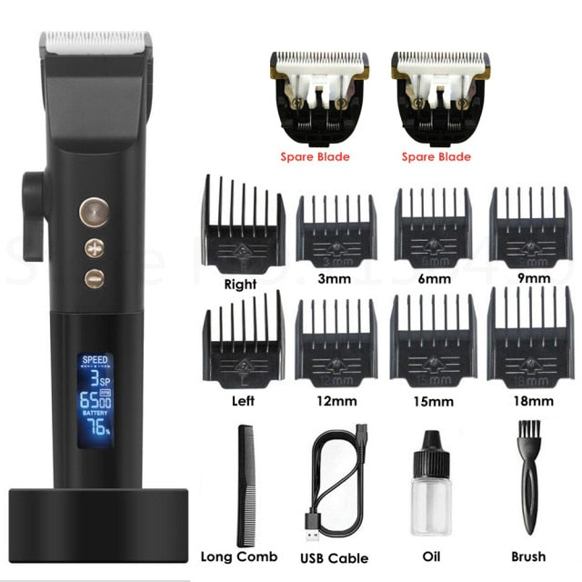 Professional Electric Hair Clipper Ceramic Barber Haircut Machine USB Rechargeable Hair Trimmer Beard Shaver Men+8pcs Comb+Stand - HAB 