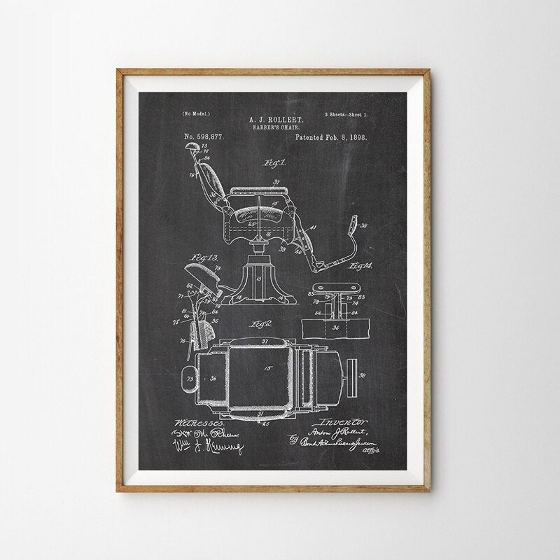 1898 Barber Chair Patent Prints and Posters Barbershop Wall Art Decor Vintage Canvas Painting Pictures Blueprint Barber Gifts - HAB 