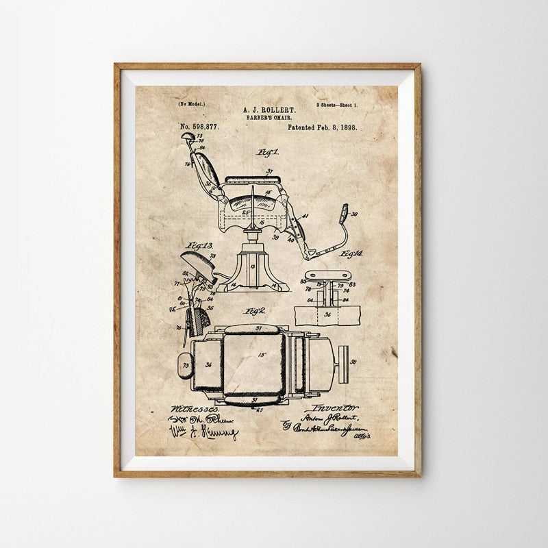 1898 Barber Chair Patent Prints and Posters Barbershop Wall Art Decor Vintage Canvas Painting Pictures Blueprint Barber Gifts - HAB 